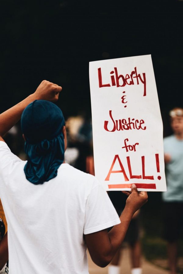Protester+from+behind+holding+Liberty+and+justice+for+all+sign.