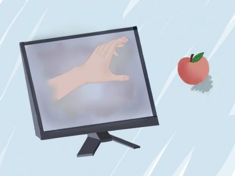 Graphic of computer screen, apple on desk
