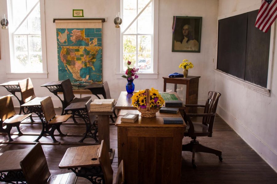 Empty classroom with antique desks