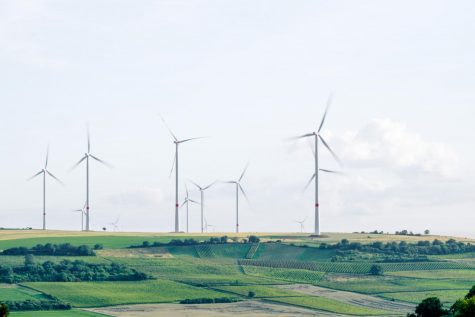 Windmills over farmland