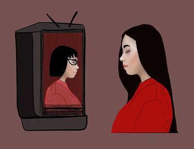 Art of Asian girl watching alternate self on TV