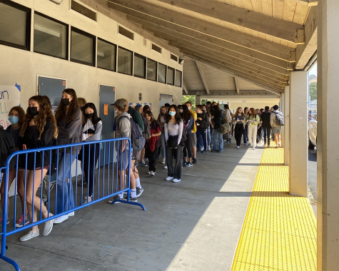 Acalanes High  School students wait in line for a free lunch, a perk carried over from last year when the pandemic was at its peak.
