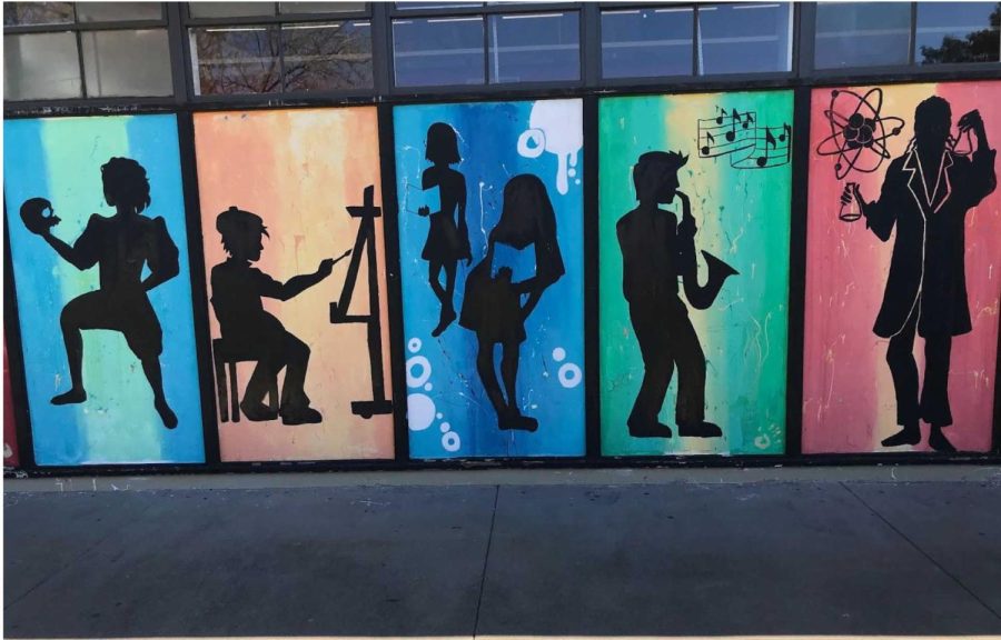 A mural on the side of the Clayton Valley Charter High School library depicts potential futures for students. 