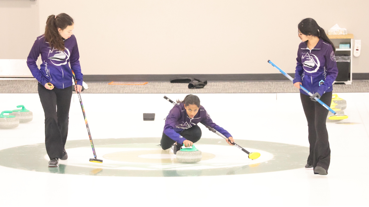 Curling team members, from left, Karina Trenyor, Krisha Umashankar and Srihasini Malladi compete in the USA Curling U18 National Championships in February.

 