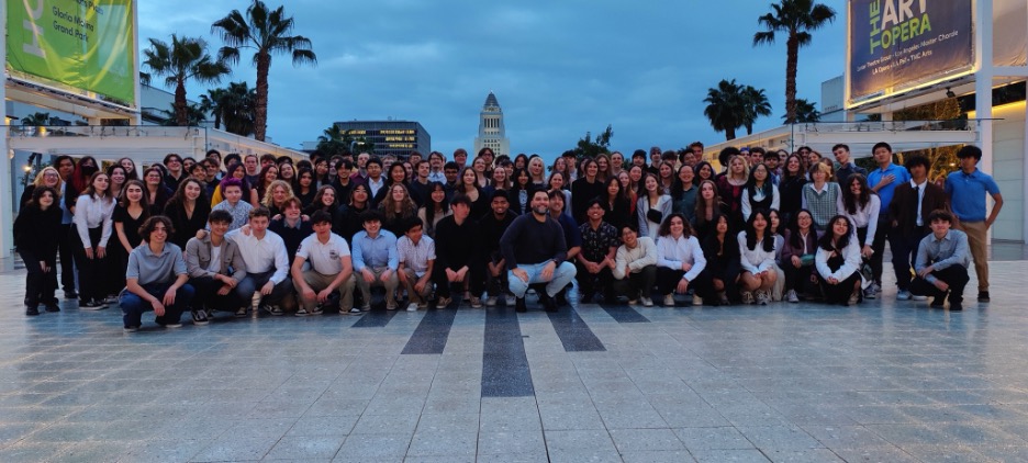 College Park High School bands take a group photo before attending a Los Angeles Philharmonic performance. 