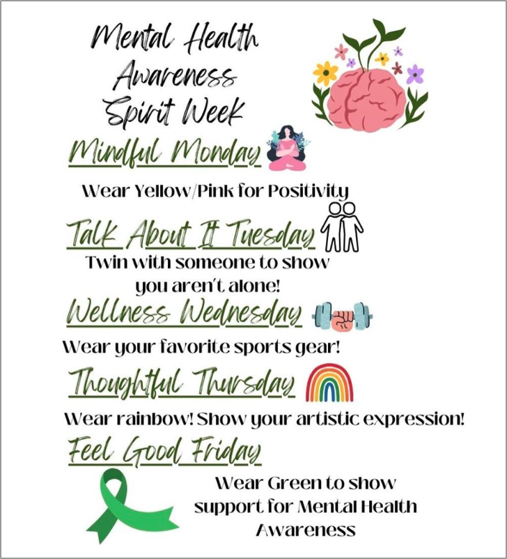 Pittsburg High’s Mental Health Awareness Spirit Week flyer, which was held in May on campus. Some students say events are announced at the last minute, which contributes to low student participation.
Photo credit: Associated Student Body Board on Instagram.