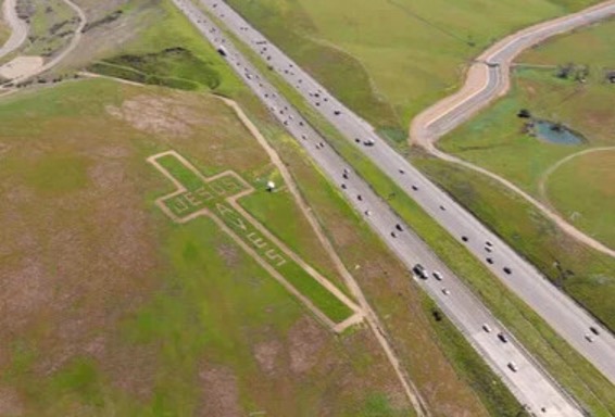 Aerial view of the "Cross on the Hill" next to Interstate 580 in Livermore. Photo credit: Shutterstock