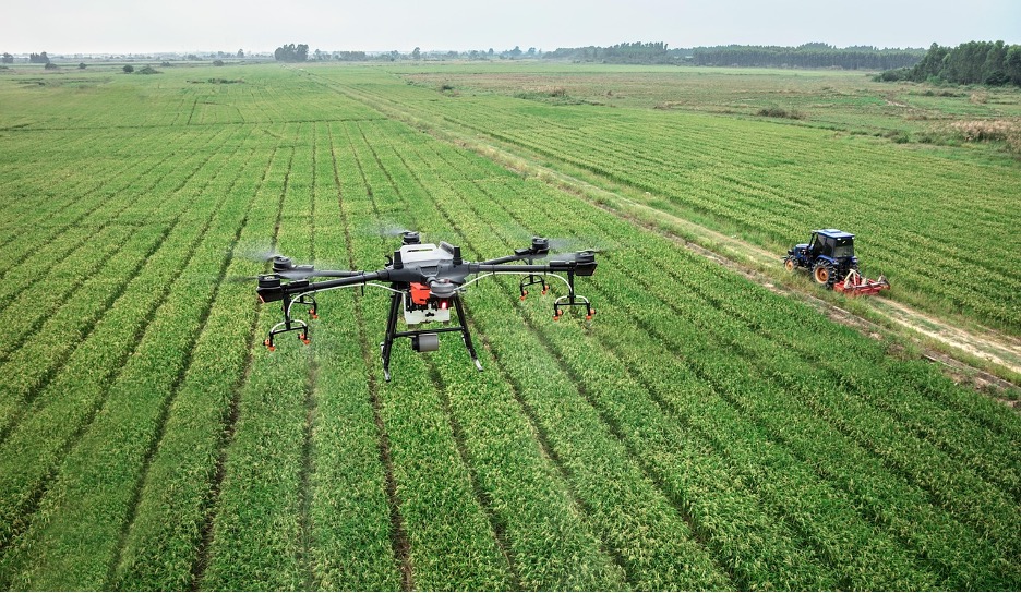 A drone is used at a farm. “Environmental technology is all about using artificial intelligence, big data, robotics, sensors, to support sustainable agriculture, food production and really help to understand how to produce food and to grow crops much more sustainably,” said Susan Ebeler of UC Davis. Photo Credit: DJI-Agras via Pixabay
