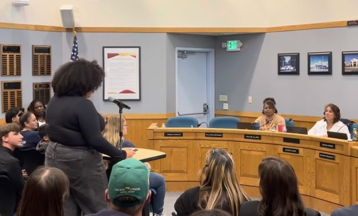 Students speak during the Liberty Union High School District Board of Trustees meeting in Brentwood last month, advocating for higher teacher pay and improved working conditions. 