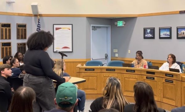 Students speak during the Liberty Union High School District Board of Trustees meeting in Brentwood last month, advocating for higher teacher pay and improved working conditions. 