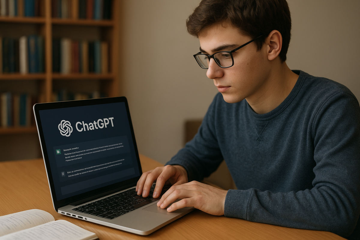 An AI-generated image shows a student using ChatGPT on a laptop while doing homework. Artificial intelligence is becoming a part of everyday classroom life, even as some educators express concern about academic integrity. (AI illustration produced by Shaurya Chauhan)
