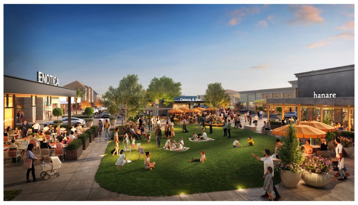 Concept art shows new buildings in the Streets of Brentwood outdoor mall with a grassy lounge area in the middle. This new community center, called The Patio, is one of the focuses of owner CenterCal Properties’ plans for the property. (Photo courtesy of CenterCal Properties)
