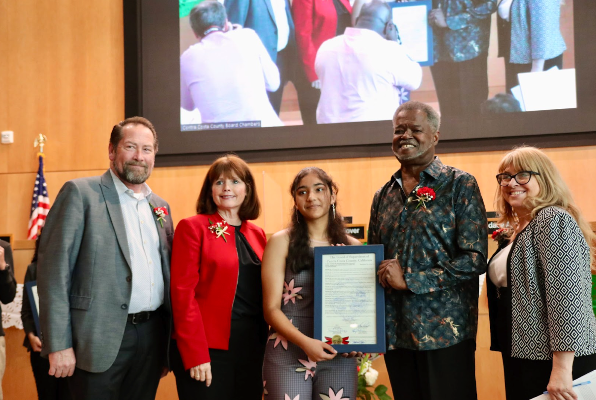 Contra Costa County Youth Hall of Fame honoree Nitya Varanasi of California High School, center, is flanked by county supervisors, from left, Ken Carlson, Candace Andersen, the late Federal Glover and Diane Burgis during the 2024 celebration. (Photo courtesy Krishna Varanasi)
