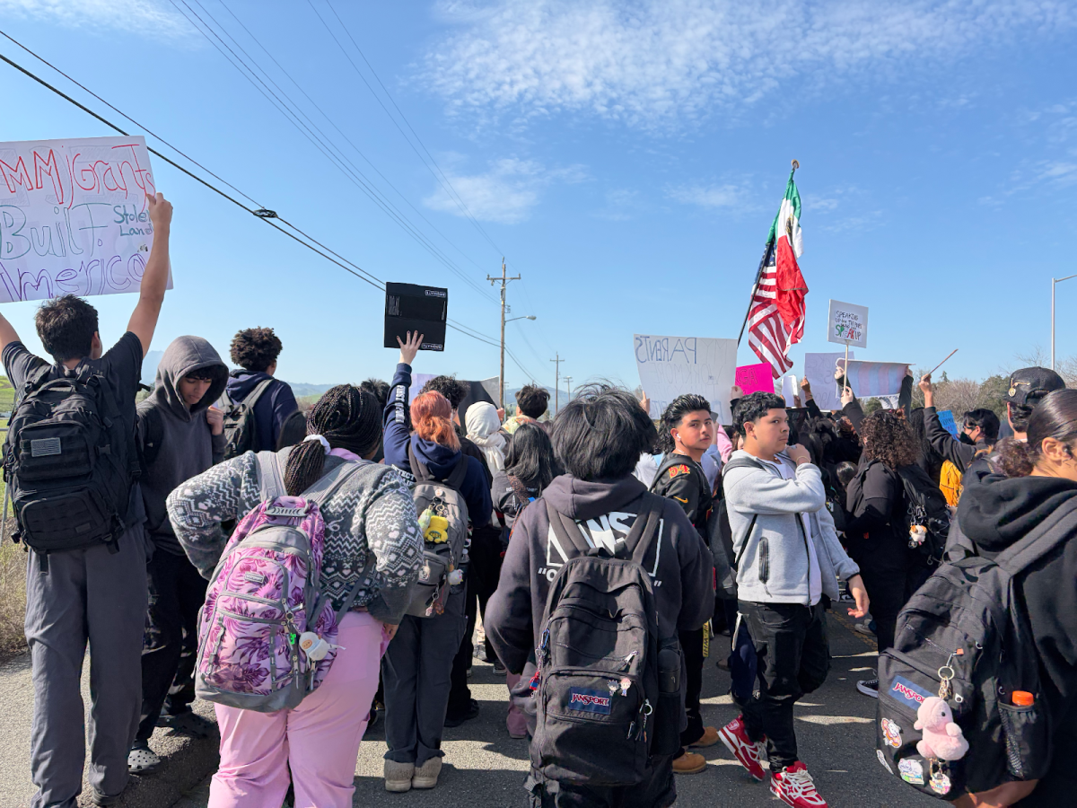 Students from Dozier-Libbey Medical High School stage a peaceful protest in support of immigrants near the 7-Eleven store on Lone Tree Way in Antioch on Feb. 6.