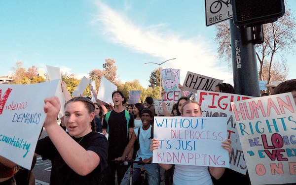 Students from California High School in San Ramon protest the mass deportations and actions by U.S. Immigration and Customs Enforcement (ICE) agents during a demonstration on Feb. 6. The students marched from the campus to San Ramon City Hall to express their ongoing concerns. (Photo by Kate Seoyeon Jung via Bay City News)
