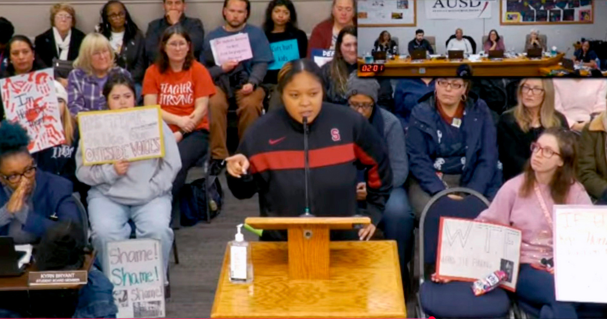 Antioch Unified School District student Christina Webster gives the school board an earful ahead of its vote to authorize sweeping cuts to staffing in special education and other departments in Antioch on Feb. 18, 2026. The board is trying to shore up a $30 million shortfall. (Screengrab from AUSD YouTube channel via Bay City News)