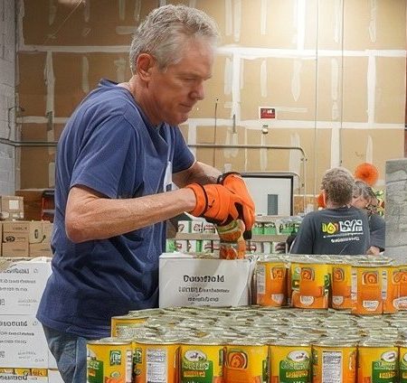 Nonprofit food banks depend on donations or grants from the government, but at the heart of their operations are volunteers. Food Bank of Contra Costa and Solano volunteer Trapper Byrne boxes canned goods in preparation for distribution. Photo by Jeremy Crittenden
